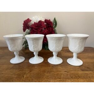 Vintage Milk Glass Goblets Grape Harvest Pattern‎ White MCM Wedding Glassware